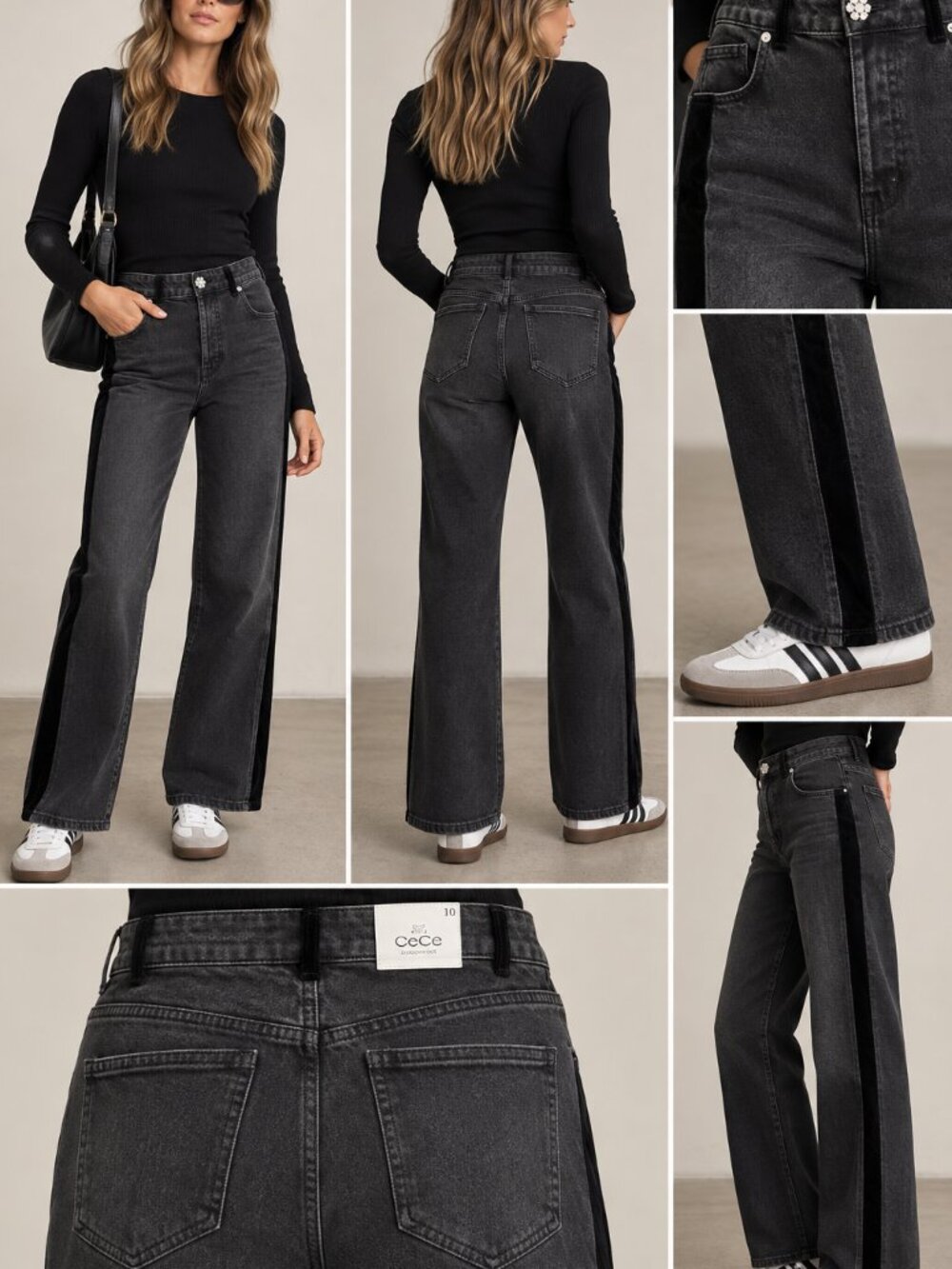 NWT CeCe Black Velvet Side Panel Wide Leg Jeans Size 10